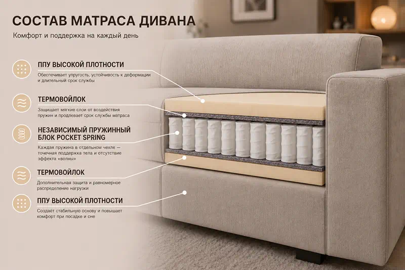 Строение качественного матраса: независимые пружины создают точечную анатомическую поддержку, а упругий ППУ обеспечивает комфортный верхний слой.