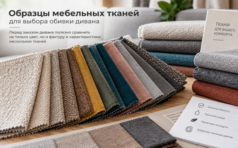 Образцы мебельных тканей для выбора обивки дивана